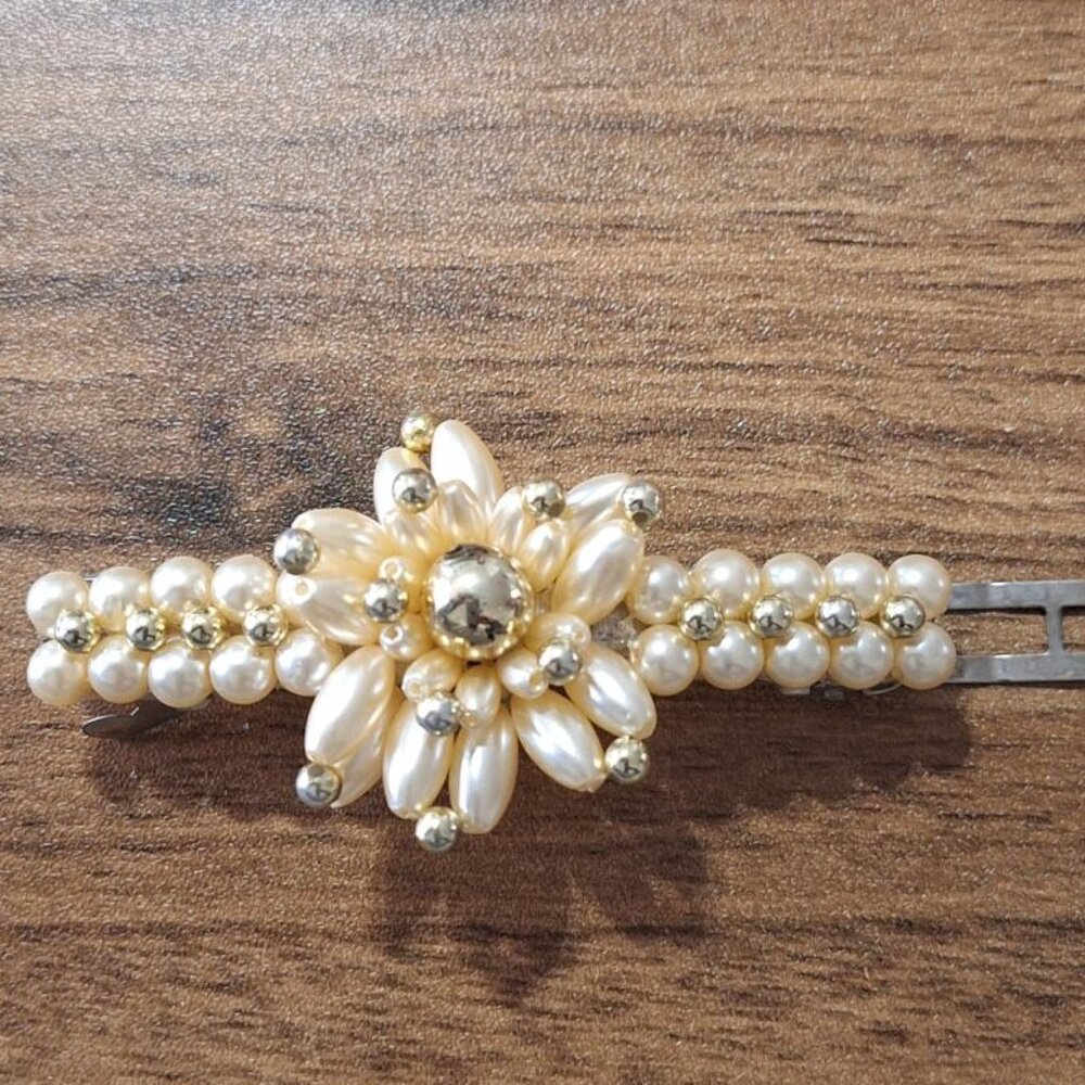Vintage Faux Pearl & Gold Beaded Hair Clip/Barrette